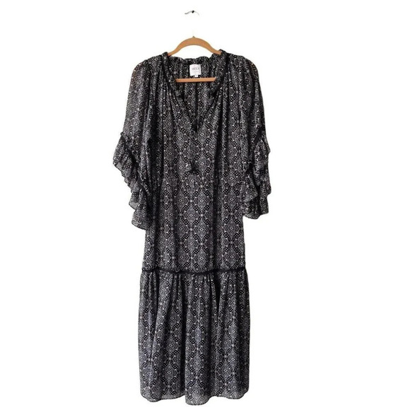 MISA Los Angeles Midi Dress Black Paisley Abstract Marcele Ruffle Sleeve Size S - Picture 3 of 6